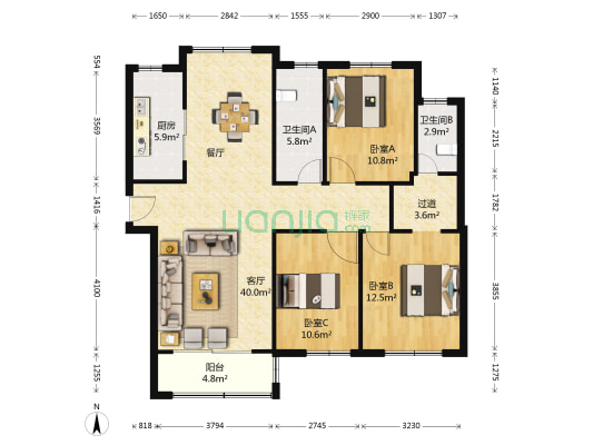 海容骧龙国际 3室1厅2卫 142平方