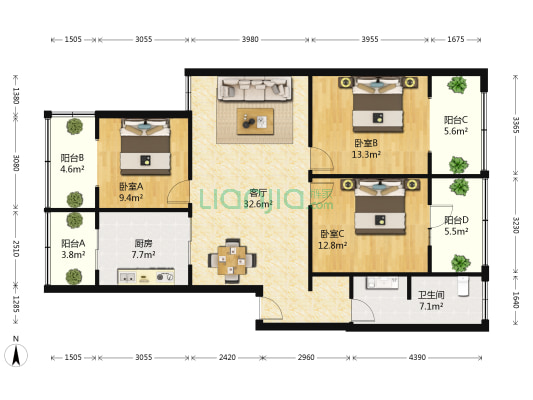经二路15号院 3室1厅1卫 114平方