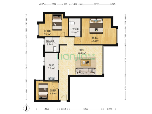 金桥领寓 3室1厅2卫 93平方