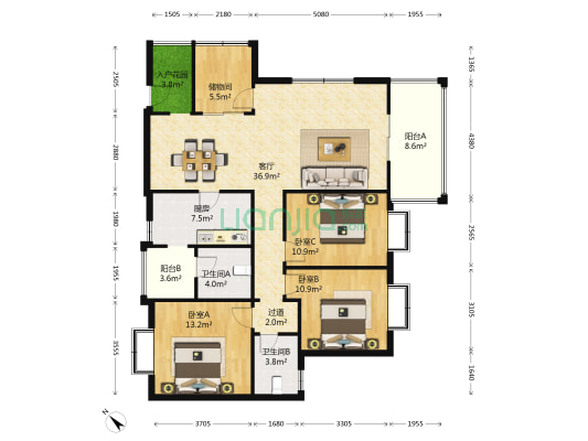 合景格林春天 3室1厅2卫 119平方