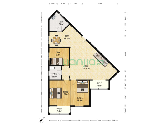 七星花园 3室2厅1卫 120平方