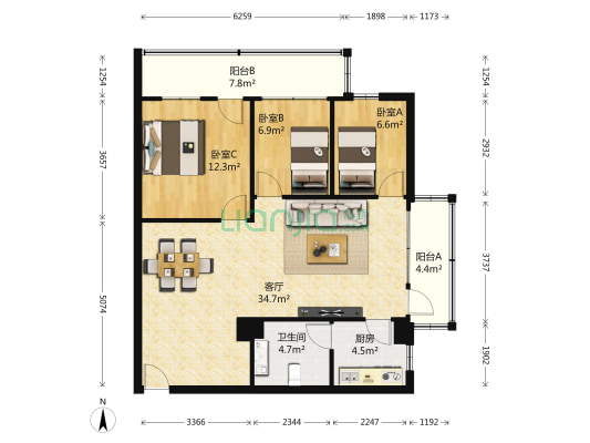 环宇大厦 3室1厅1卫 101平方
