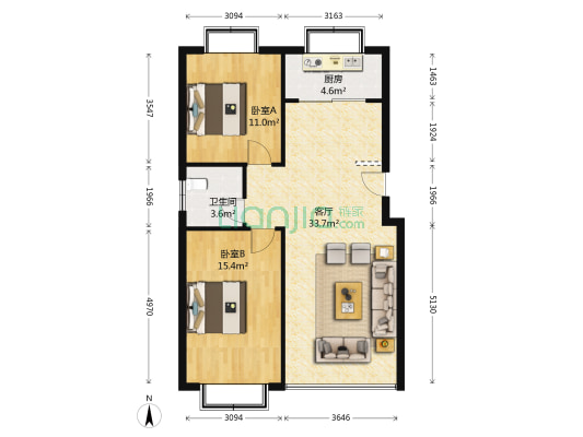 莱阳市粮食局 2室1厅1卫 92平方