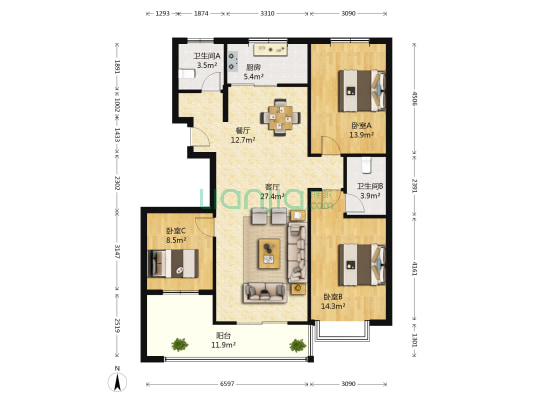 鸿盛新城 3室2厅2卫 127平方