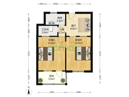 伏牛路224号院 2室1厅1卫 75平方