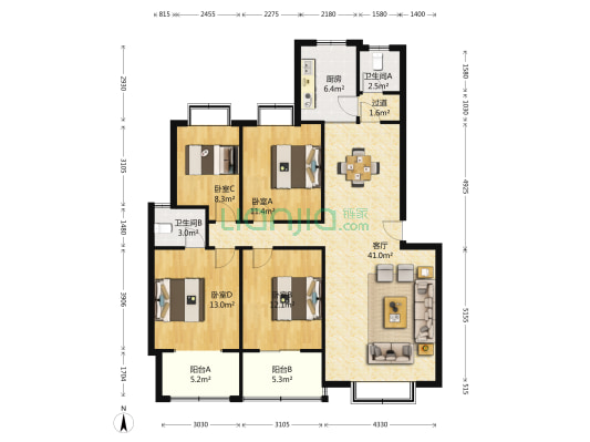 东南明苑 4室1厅2卫 131平方