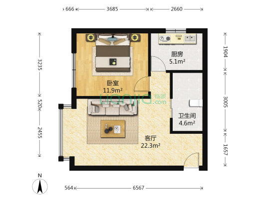 第一城F组团 1室1厅1卫 54平方