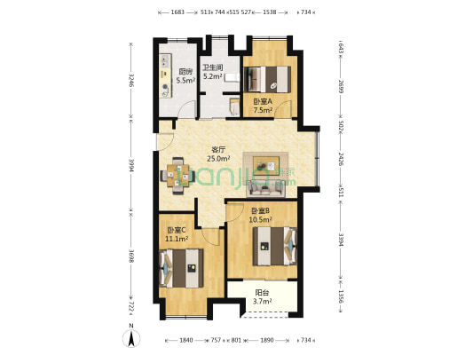 首创旭辉城 3室1厅1卫 86平方