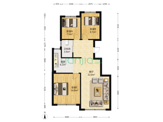 远洋戛纳小镇三期 3室1厅1卫 102平方