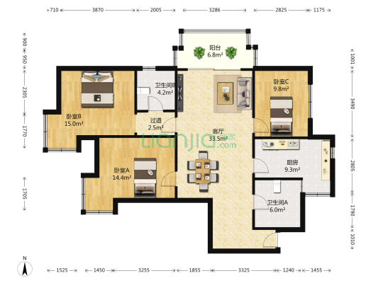徐汇嘉馨公寓 3室1厅2卫 132平方
