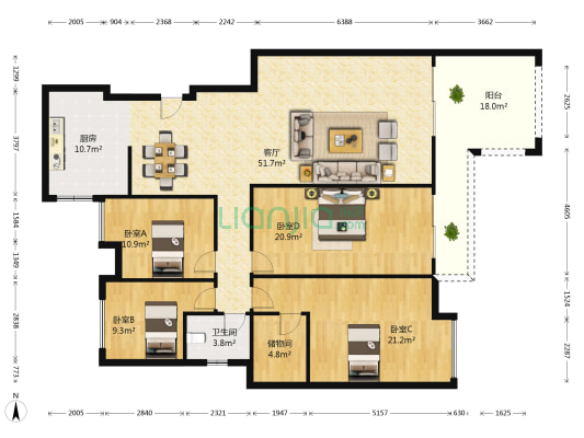 保利江上明珠朗园 4室1厅1卫 155平方