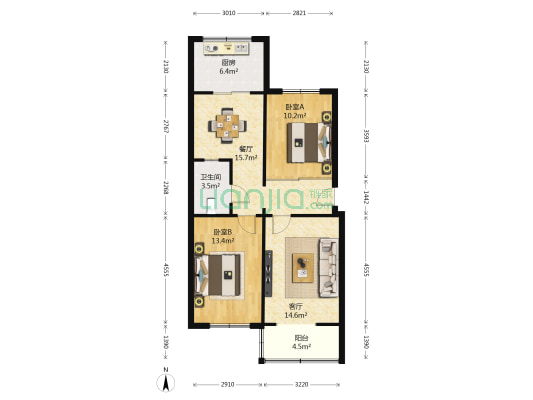 西航中心第3小区 2室2厅1卫 74平方
