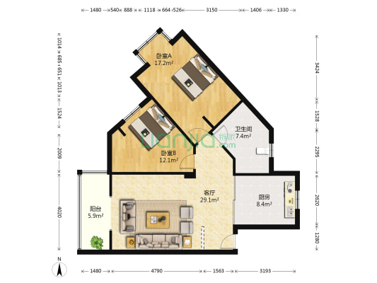 城北小区 2室1厅1卫 91平方
