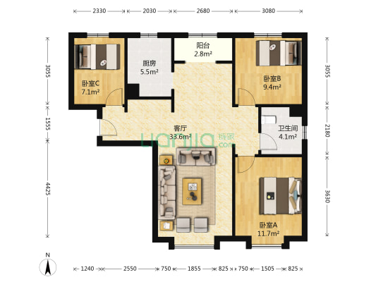 富力又一城 3室1厅1卫 107平方