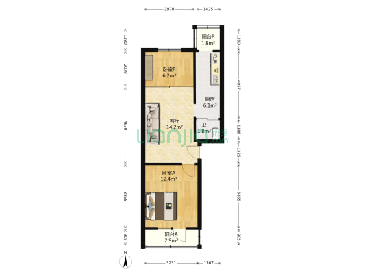 青龙胡同 2室1厅1卫 61平方