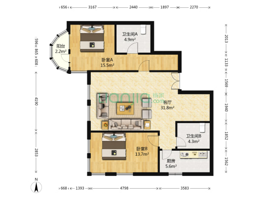 凯旋城 2室1厅2卫 108平方