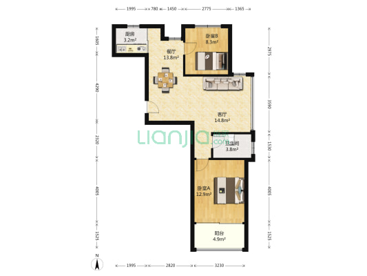 五洋东湖春天 2室2厅1卫 87平方