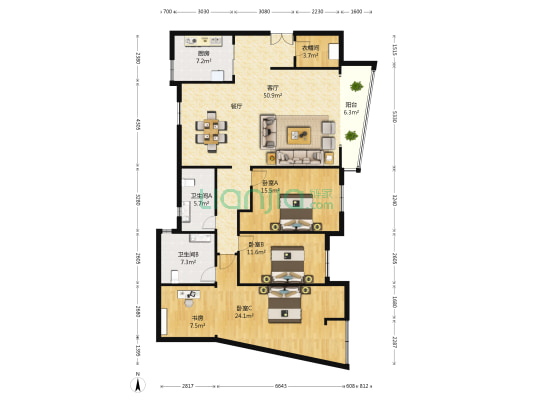 星海大厦 4室1厅2卫 205平方