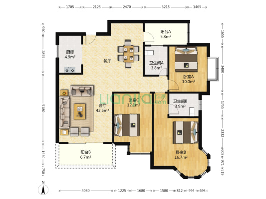 美世界园林公寓 3室1厅2卫 137平方