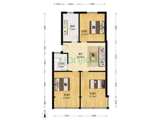 姜砦北路11号院 3室1厅1卫 93平方