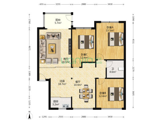 上院 3室2厅1卫 125平方