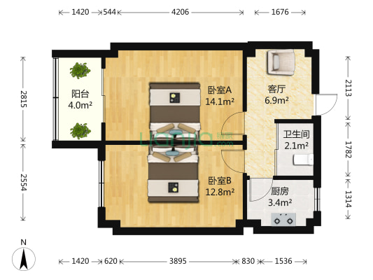 长白小区 2室1厅1卫 70平方