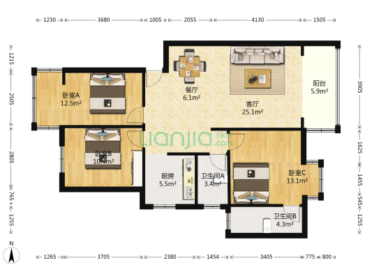 福隆新城 3室2厅2卫 104平方