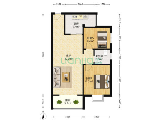 喜悦美湖 2室1厅1卫 77平方