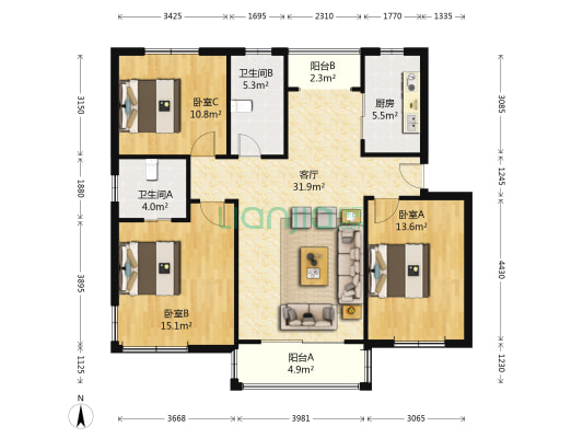 飞碟苑 3室1厅2卫 115平方