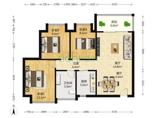观府壹号二组团 3室2厅1卫 98平方