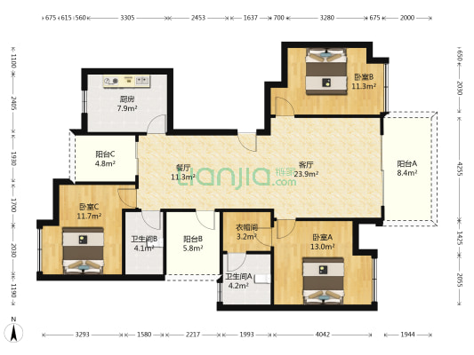 万达华府西区 3室2厅2卫 135平方
