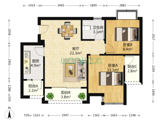 书香溪墅 2室1厅1卫 87平方