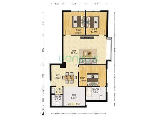 贤达大厦 3室2厅2卫 124平方