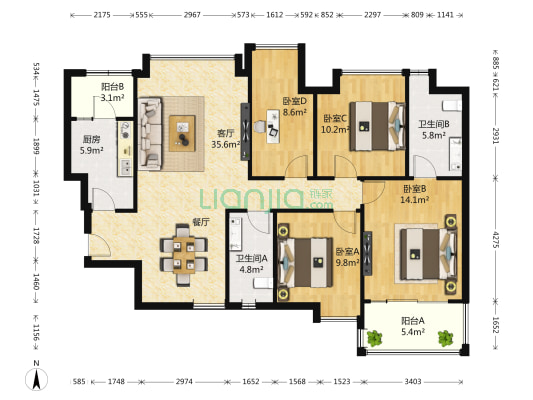嘉里桦枫居北区 4室1厅2卫 130平方
