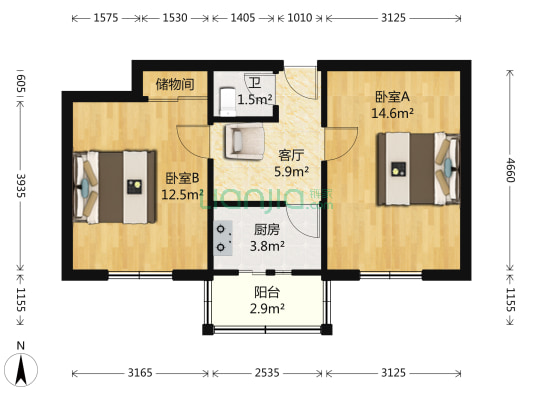 北沙滩小区 2室1厅1卫 55平方