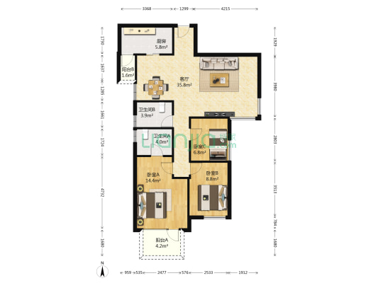 金色家园一期 3室1厅2卫 108平方