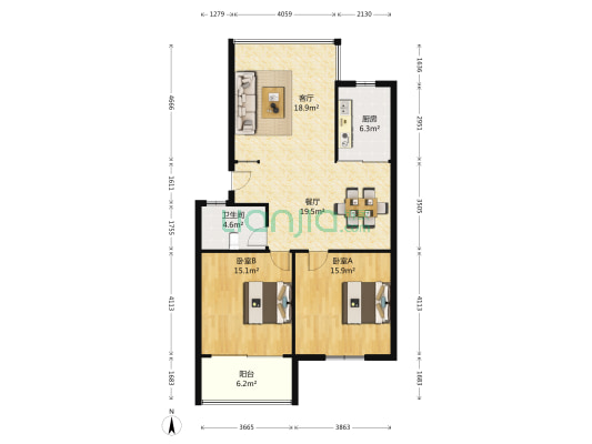 中河茗苑 2室2厅1卫 102平方