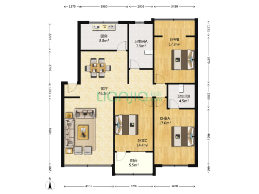 富明路二段15号 3室1厅2卫 148平方