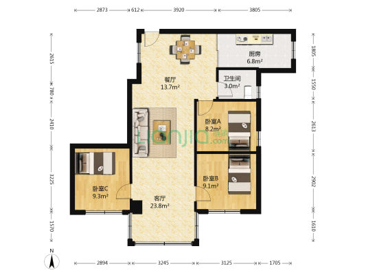 新市新街 3室2厅1卫 92平方