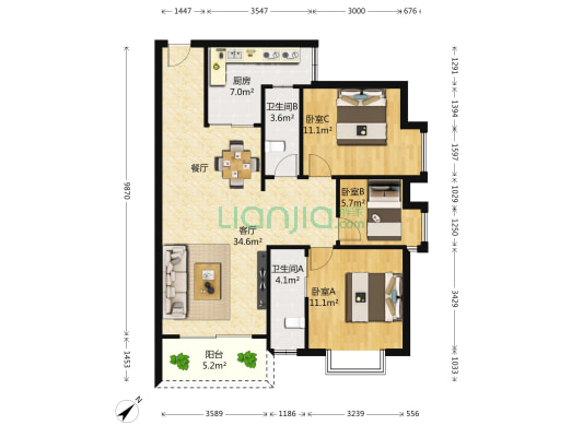 东华花园 3室1厅2卫 90平方