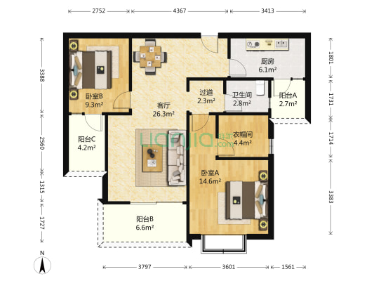 世茂外滩新城 2室1厅1卫 109平方