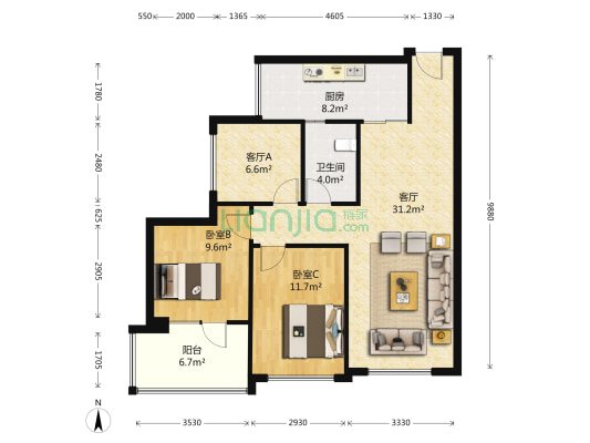 蓝光COCO蜜城 2室2厅1卫 75平方