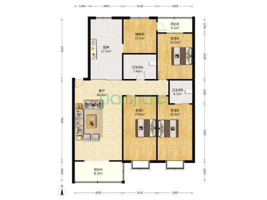 阳光嘉园 3室1厅2卫 180平方
