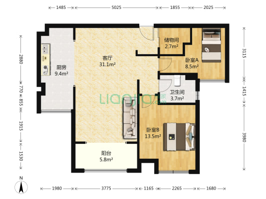 中海紫御公馆 2室1厅1卫 96平方