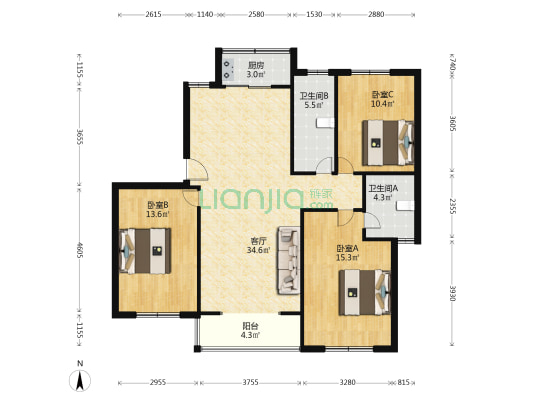 美景天苑 3室1厅2卫 120平方