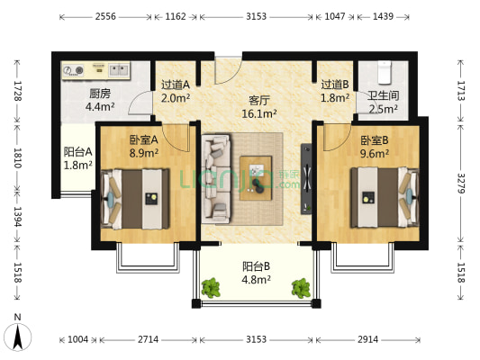 万基蓝麟 2室1厅1卫 73平方