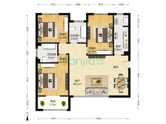 天朗大兴郡蔚蓝春城 3室1厅2卫 114平方
