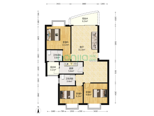 宏康花园四期康慧苑 3室1厅2卫 100平方
