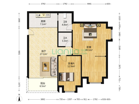 雅居豪庭 2室1厅2卫 105平方
