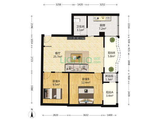 富悦花苑 2室1厅2卫 78平方